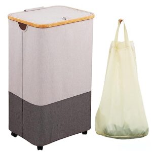 105l laundry basket with wheels – foldable laundry basket with bamboo handles, grey dirty clothes hamper with wheels for bathroom, bedroom, room, closet, hampers for laundry, toys, clothing