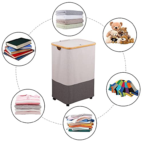 105L Laundry Basket with Wheels – Foldable Laundry basket with Bamboo Handles, Grey Dirty Clothes Hamper with wheels for Bathroom, Bedroom, Room, Closet, Hampers for Laundry, Toys, Clothing