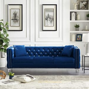 homsof 82.3" width modern velvet sofa jeweled buttons tufted square arm couch with 2 pillows, 3 seater, blue(3 seater)