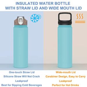 Insulated Water Bottle with Straw 25 oz Stainless Steel Water Bottles BPA-Free Leak Proof Double Wall Vacuum Metal Water Bottle with 2 Lids for Biking Hiking Camping-GREEN