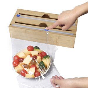 plastic wrap dispenser with cutter, saran wrap & aluminum foil and wax paper dispenser for kitchen drawer, 2 in 1 bamboo plastic wrap roll organizer holder, compatible with most brands, 12"- 13"roll