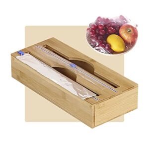 Plastic Wrap Dispenser with Cutter, Saran Wrap & Aluminum Foil and Wax Paper Dispenser for Kitchen Drawer, 2 in 1 Bamboo Plastic Wrap Roll Organizer Holder, Compatible with Most Brands, 12"- 13"Roll