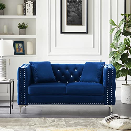 Harper & Bright Designs Velvet Upholstered Loveseat Sofa, 59.4'' Wide Blue Velvet Sofa with Jeweled Buttons, Square Arm, Two Pillows Included for Living Room, Office