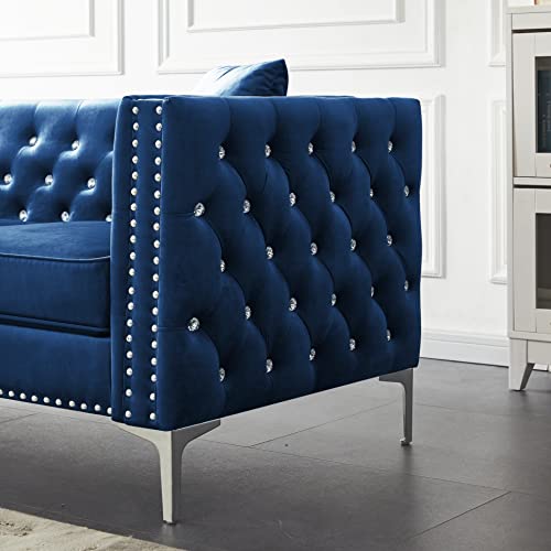 Harper & Bright Designs Velvet Upholstered Loveseat Sofa, 59.4'' Wide Blue Velvet Sofa with Jeweled Buttons, Square Arm, Two Pillows Included for Living Room, Office