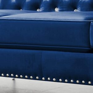 Harper & Bright Designs Velvet Upholstered Loveseat Sofa, 59.4'' Wide Blue Velvet Sofa with Jeweled Buttons, Square Arm, Two Pillows Included for Living Room, Office