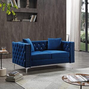 Harper & Bright Designs Velvet Upholstered Loveseat Sofa, 59.4'' Wide Blue Velvet Sofa with Jeweled Buttons, Square Arm, Two Pillows Included for Living Room, Office