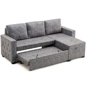 GLORHOME L Shape Storage Bed Pull Out Sleeper Sectional Couch with Upholstered with Nail Head Trim, 3-Seater Sofa for Living Room Furniture Set, Gray