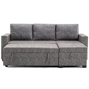 GLORHOME L Shape Storage Bed Pull Out Sleeper Sectional Couch with Upholstered with Nail Head Trim, 3-Seater Sofa for Living Room Furniture Set, Gray