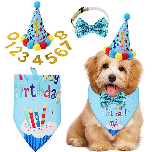 Dog Birthday Party Supplies Birthday Boy Girl Cake Bandana Triangle Scarf Clothes Shirt Cute Dog Hat Dog Bow Tie Collar with 0-8 Numbers for Dog Puppy 1st Birthday Party Outfit(Cute Style)