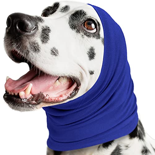 SIMENA No Flap Ear Wraps for Dogs, Stretchy Dog Ear Muffs, Dog Ear Cover Against Stressing Effect of Loud Noise, Head Wrap to Keep Your Dogs Ears Warm (Large (18-30" x 10"), Blue)