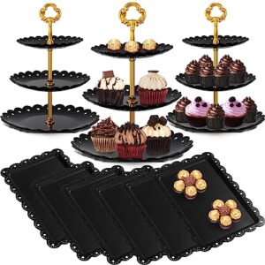 potchen 9 pcs black dessert table display set includes 6 rectangle cupcake stand & 3 round tiered serving tray cake holder plastic plate platters for halloween baby shower (flower style), gold