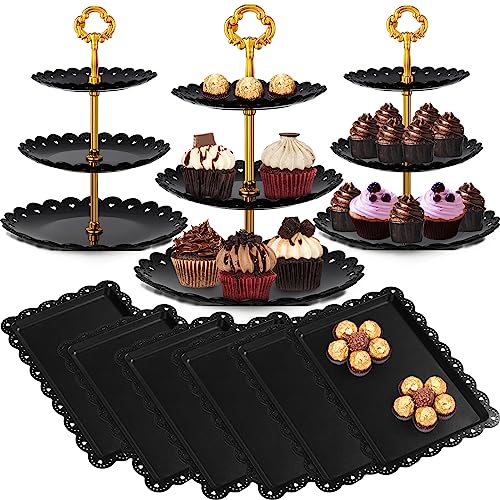 Potchen 9 Pcs Black Dessert Table Display Set Includes 6 Rectangle Cupcake Stand & 3 Round Tiered Serving Tray Cake Holder Plastic Plate Platters for Halloween Baby Shower (Flower Style), Gold