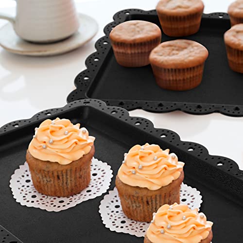 Potchen 9 Pcs Black Dessert Table Display Set Includes 6 Rectangle Cupcake Stand & 3 Round Tiered Serving Tray Cake Holder Plastic Plate Platters for Halloween Baby Shower (Flower Style), Gold