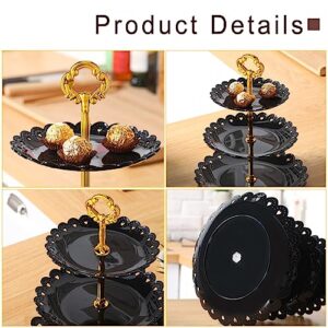 Potchen 9 Pcs Black Dessert Table Display Set Includes 6 Rectangle Cupcake Stand & 3 Round Tiered Serving Tray Cake Holder Plastic Plate Platters for Halloween Baby Shower (Flower Style), Gold