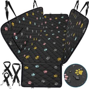 beneathyourfeet dog seat cover (54" w x 56" l, colored paw prints) scratch prevention cover for back seat waterproof dog hammock for car with mesh window, durable