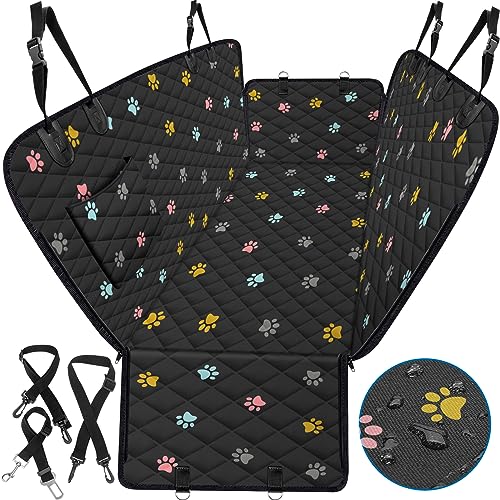 BeneathYourFeet Dog Seat Cover (54" W x 56" L, Colored Paw Prints) Scratch Prevention Cover for Back Seat Waterproof Dog Hammock for Car with Mesh Window, Durable