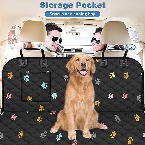 BeneathYourFeet Dog Seat Cover (54" W x 56" L, Colored Paw Prints) Scratch Prevention Cover for Back Seat Waterproof Dog Hammock for Car with Mesh Window, Durable