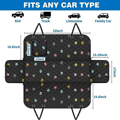 BeneathYourFeet Dog Seat Cover (54" W x 56" L, Colored Paw Prints) Scratch Prevention Cover for Back Seat Waterproof Dog Hammock for Car with Mesh Window, Durable