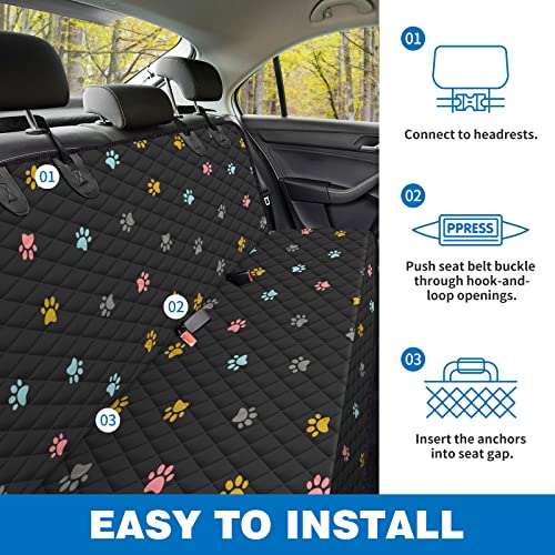 BeneathYourFeet Dog Seat Cover (54" W x 56" L, Colored Paw Prints) Scratch Prevention Cover for Back Seat Waterproof Dog Hammock for Car with Mesh Window, Durable