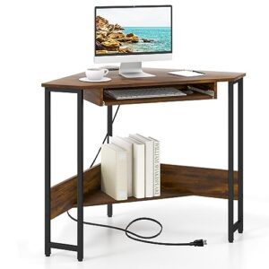 Tangkula Corner Desk with Keyboard Tray, 90-Degree Triangle Corner Computer Desk for Small Space, Industrial Writing Desk with Storage Shelf, Space-Saving Laptop PC Desk (Rustic Brown)