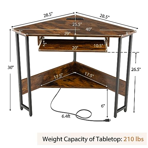 Tangkula Corner Desk with Keyboard Tray, 90-Degree Triangle Corner Computer Desk for Small Space, Industrial Writing Desk with Storage Shelf, Space-Saving Laptop PC Desk (Rustic Brown)