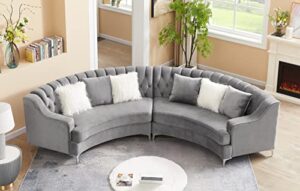 melpomene modern velvet curved sofa, symmetrical modular semi circular sofa with 6 pillows(tufted,grey)