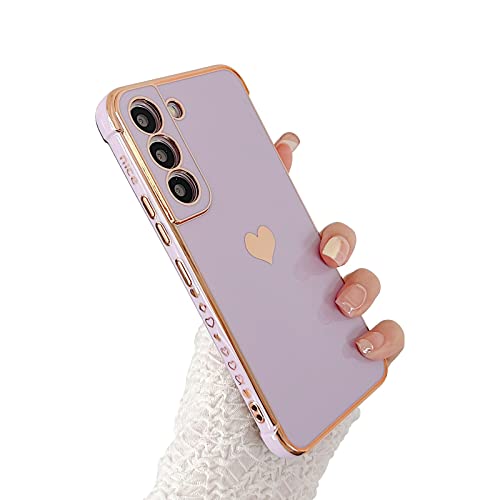 phylla Compatible with Samsung Galaxy S21 FE 6.4” 5g Phone Case Luxury Plating Cute Love Heart Side Small Pattern Case Full Camera Protection Soft Silicone Shockproof Bumper Cover (Purple)