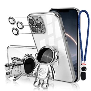 newseego compatible iphone 12 pro max case (6.7 inch),astronaut hidden stand case with lens film protective，clear pc back cute astronaut stand with chain strap plating phone case-silver