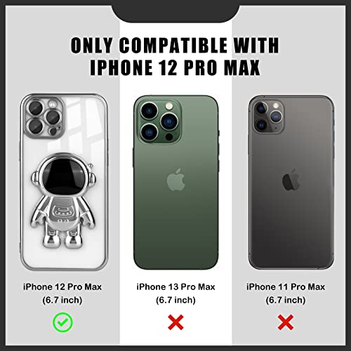 Newseego Compatible iPhone 12 Pro Max Case (6.7 Inch),Astronaut Hidden Stand Case with Lens Film Protective，Clear PC Back Cute Astronaut Stand with Chain Strap Plating Phone Case-Silver