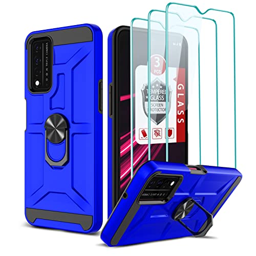 T-Mobile Revvl V+ 5G Cover, Revvl V+ 5G Case with [3X Tempered Glass Screen Protector], Built-in Ring Kickstand and Magnetic Car Mount Shockproof Dropproof Armor Case for TCL REVVL V+ 5G - Klein Blue