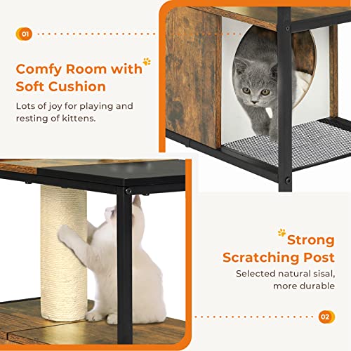 Modern Cat Tree Tower, Wooden Pet Furniture with Scratching Post Cute Cat Cave Condo House Soft Bed for Indoor Small Cats Kittens, Also a End Side Table Nightstand for Living Room Bedroom