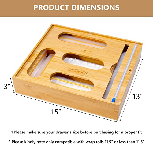 Mchenxin 5 in 1 Wrap Dispenser with Cutter and Labels,Bamboo Ziplock Bag,Plastic Wrap, Aluminum Foil and Wax Paper Dispenser for Kitchen Drawer, Bamboo Roll Organizer Holder