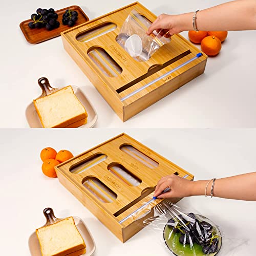 Mchenxin 5 in 1 Wrap Dispenser with Cutter and Labels,Bamboo Ziplock Bag,Plastic Wrap, Aluminum Foil and Wax Paper Dispenser for Kitchen Drawer, Bamboo Roll Organizer Holder