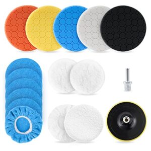 CHEGIF 17pcs 6 Inch Buffing Polishing Pads Kit, Car Buffing Sponge Pads Cutting Polishing Pad Kit, Includes Wool Buffing Pad and Polishing Bonnets with M14 Drill Adapter for Car Polishing and Waxing