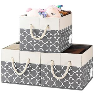 rvsnq large fabric storage bins, closet storage bins with cotton rope handle and label, foldable storage boxes for organizing, storage baskets for shelves bedroom office (3-pack, grey quatrefoil)