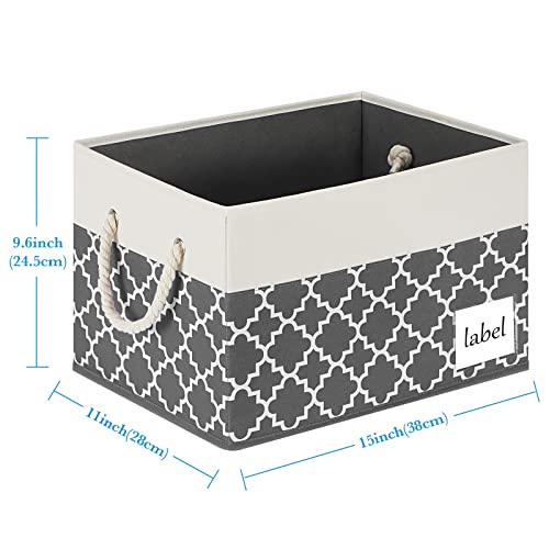 RVSNQ Large Fabric Storage Bins, Closet Storage Bins with Cotton Rope Handle and Label, Foldable Storage Boxes for Organizing, Storage Baskets for Shelves Bedroom Office (3-Pack, Grey Quatrefoil)