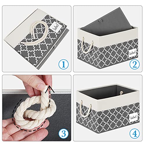 RVSNQ Large Fabric Storage Bins, Closet Storage Bins with Cotton Rope Handle and Label, Foldable Storage Boxes for Organizing, Storage Baskets for Shelves Bedroom Office (3-Pack, Grey Quatrefoil)