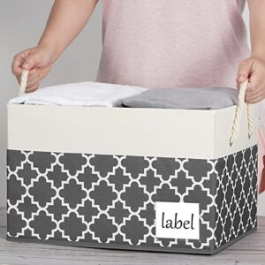 RVSNQ Large Fabric Storage Bins, Closet Storage Bins with Cotton Rope Handle and Label, Foldable Storage Boxes for Organizing, Storage Baskets for Shelves Bedroom Office (3-Pack, Grey Quatrefoil)