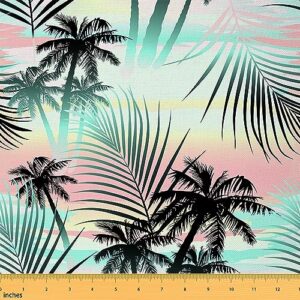 hawaiian palm tree fabric by the yard, tie dye upholstery fabric, summer tropical decorative fabric, green leaves waterproof indoor outdoor fabric, ocean beach fabirc, diy art, green pink, 1 yard