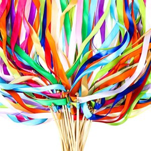 100 pieces mix color ribbon sticks wedding party streamers fairy wand chromatic silk ribbon and bell wands multicolor hand held ribbons for dance wedding party celebration holiday activities