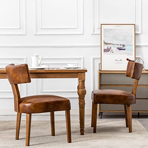 RIVOVA Set of 4 PU Leather Upholstered Side Chairs, Modern Kitchen Armless Parson Chairs Solid Wood Dining Chairs, Brown