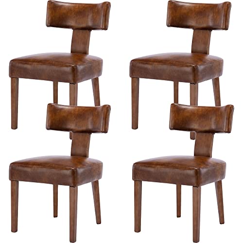 RIVOVA Set of 4 PU Leather Upholstered Side Chairs, Modern Kitchen Armless Parson Chairs Solid Wood Dining Chairs, Brown