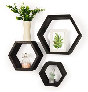 kezory hexagon floating shelves, honeycom wall shelves set of 3, suitable for living room, kitchen, bedroom, bathroom or office wall mounted wooden hexagon shelf (black)