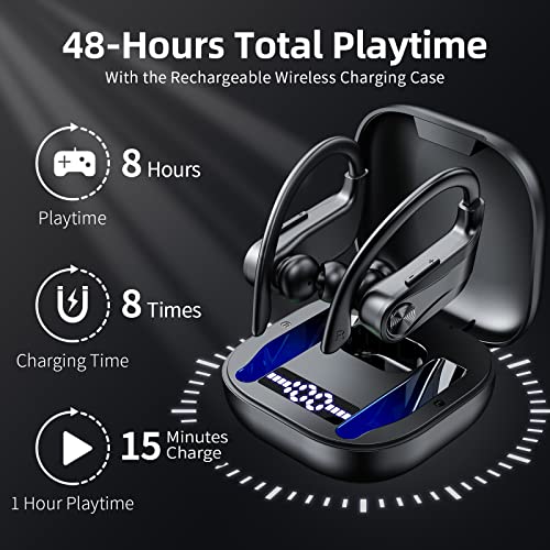 Sport Headphones Bluetooth 5.1 Earbuds with Earhooks,96H Playtime Wireless Earphones,Over The Ear Earbuds with Immersive Sound. Bluetooth Headphones IP7 Waterproof with Charging Case, Dual LED Display