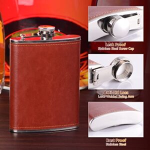 ULTRGEE Hip Flask, Leakproof Flasks [8oz] with 2 Cups & Funnel, Men’s Gift Flask for Whisky Liquor Spirits Adopted Stainless Steel & Brown PU Leather