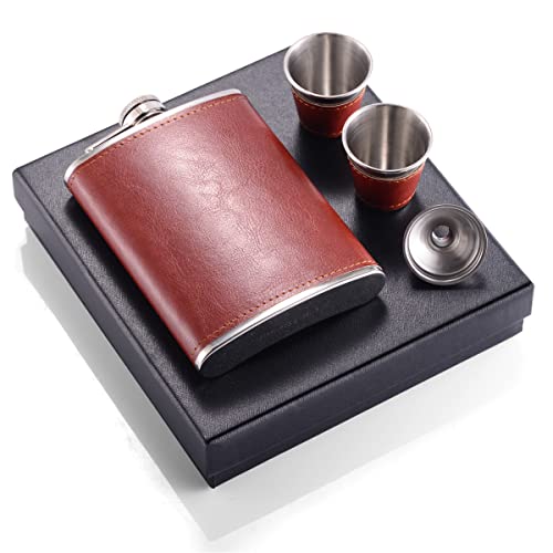 ULTRGEE Hip Flask, Leakproof Flasks [8oz] with 2 Cups & Funnel, Men’s Gift Flask for Whisky Liquor Spirits Adopted Stainless Steel & Brown PU Leather