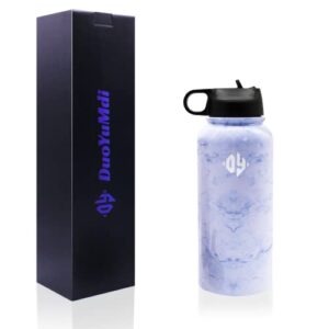 dy duoyumdi 32oz vacuum insulation stainless steel water flask straw lid keeps hot and cold 12 hour very suitable for outdoor sports, fitness(white marble pattern).