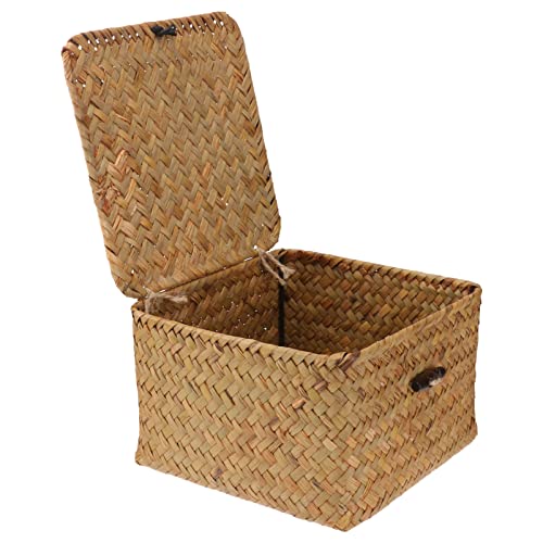 DOITOOL Basket Small Handwoven Rattan Storage Basket Seagrass Organizer Container with Lid Shelf Baskets with Lid Desktop Makeup Organizer Multipurpose Container (10x10x10cm) Small Basket