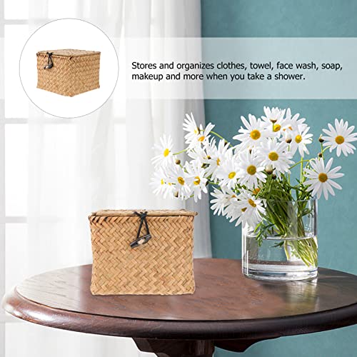 DOITOOL Basket Small Handwoven Rattan Storage Basket Seagrass Organizer Container with Lid Shelf Baskets with Lid Desktop Makeup Organizer Multipurpose Container (10x10x10cm) Small Basket