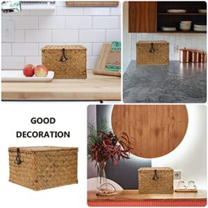 DOITOOL Basket Small Handwoven Rattan Storage Basket Seagrass Organizer Container with Lid Shelf Baskets with Lid Desktop Makeup Organizer Multipurpose Container (10x10x10cm) Small Basket